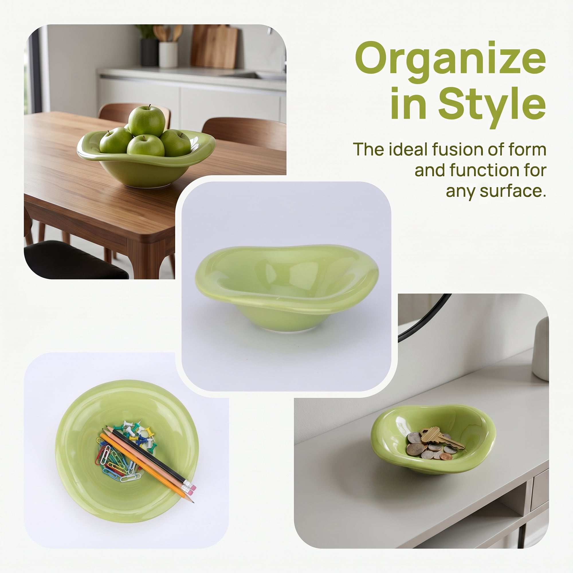 Unique Bargains Modern Wavy Ceramic Scalloped Trinket Tray Bowl Green 6.3" x 6.3" x 2"