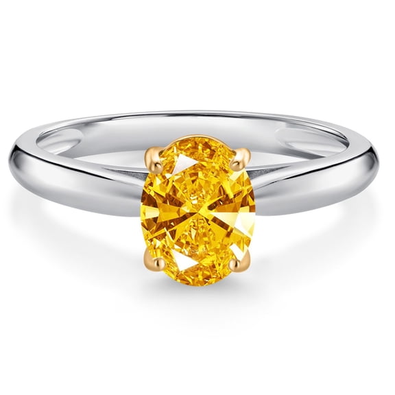 Gem Stone King 925 Sterling Silver and 10K Yellow Gold Golden Yellow Zirconia Solitaire Engagement Ring for Women (1.21 Cttw, Oval 8X6MM, Gemstone Birthstone, Size 9)