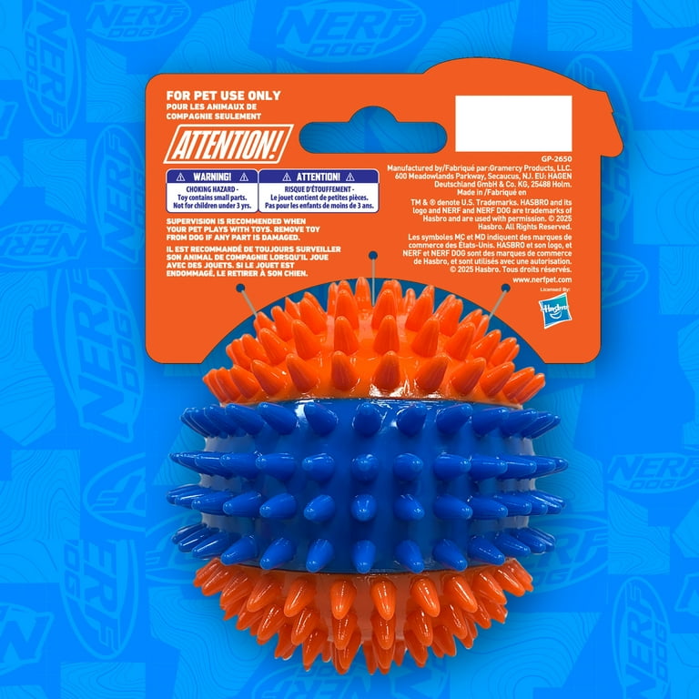 Nerf Dog Squeaky Dental Spike Ball Dog Toy, Orange/Blue, 2.7 inch