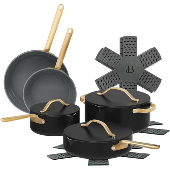 12pc Ceramic Non-Stick Cookware Set, Pots & Pans with Lids, Dishwasher-Safe, Soft-Touch Handles, Even-Heat Base (Black Sesame)