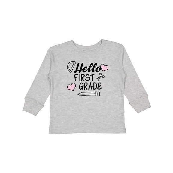Inktastic Hello 1st Grade with Hearts and School Supplies Boys or Girls Long Sleeve Toddler T-Shirt