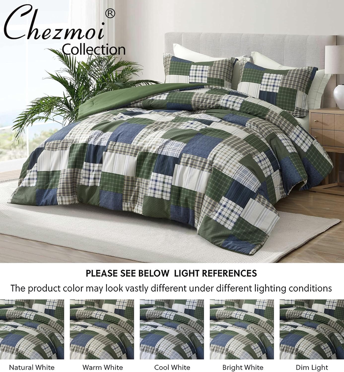 Chezmoi Collection Cedar 3-Piece Printed Patchwork Comforter Set, Green Navy Plaid Striped, Pre-Washed Microfiber Lightweight Reversible Bedding for All Seasons, Queen Size