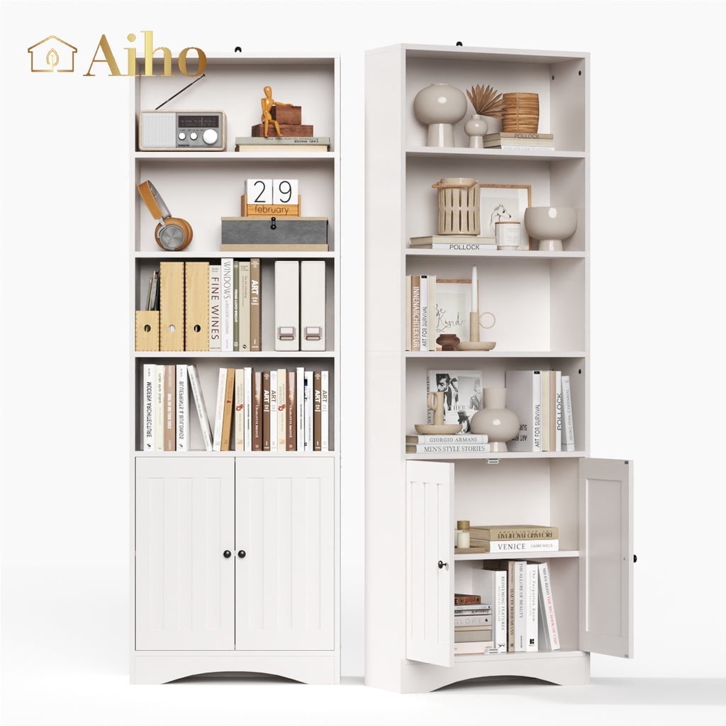 Aiho 71" H Bookcase, 6-Shelf Bookcase with Adjustable Shelves & Doors for Home Office, Living Room, Bedroom - White