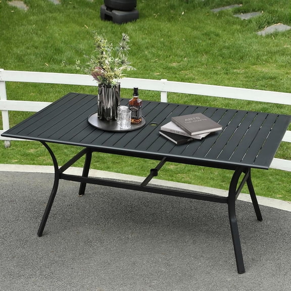 LVUYOYO Rectangular Patio Dining Table, 62.99" Long Table for 6, Metal Outdoor Table with Umbrella Hole for Backyard & Garden, Black