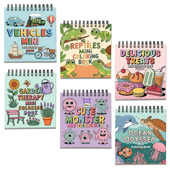 Various Themes Mini Coloring Book Spiral Bound for Adult, Pack 6, 3.5” x 3.5” Pocket Size, 40 Coloring Pages Stress & Anxiety Relief, Travel for Women Men