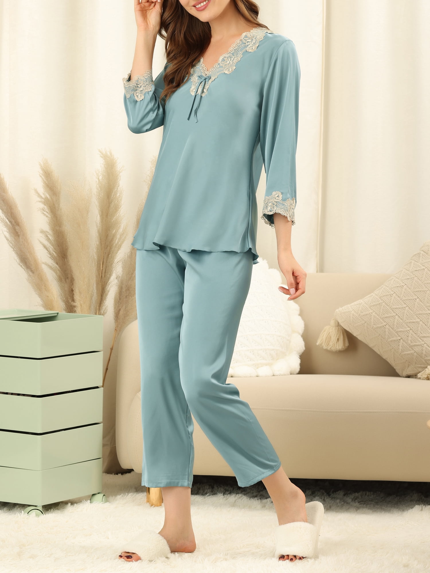 Unique Bargains Women’s Satin Pajama Lace Trim Night Suit Lounge Sleepwear Sets