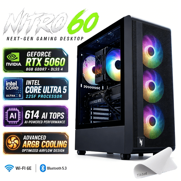 Acer Nitro 60 Gaming Desktop, Intel Core Ultra 5 225F, RTX 5060 8GB, Processor up to 13 NPU TOPS，Realtek Audio, Wi-Fi 6E, Windows 11，W/mouse pad