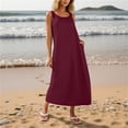 thumbnail image 5 of Women's Summer Floral Boho Maxi Dress Fashion Women Solid Round Neck Sleeveless Beach Dresses Vacation Coverup Pockets DressWine XXL, 5 of 9