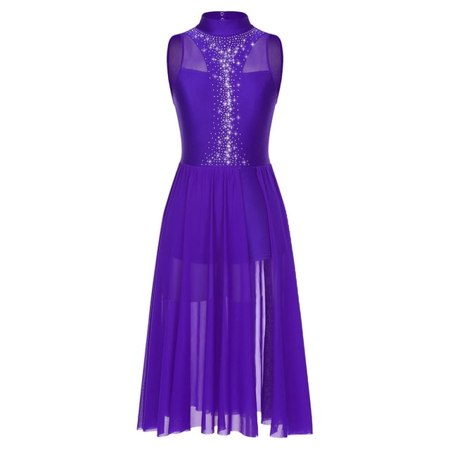 inlzdz Robe de Danse Femme Brillante avec Strass Sans Manches Costume de Performance de Danse Dos Trou de Serrure Robe Maxi Violet TG