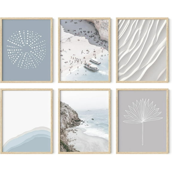 Beach Pictures Wall Art Unframed - Set of 6 Beach Wall Decor, Ocean Wall Art and Bedroom Decor for Wall, Coastal Wall Decor Blue Wall Art, Beach Posters for Walls (11x14, Unframed Beige)