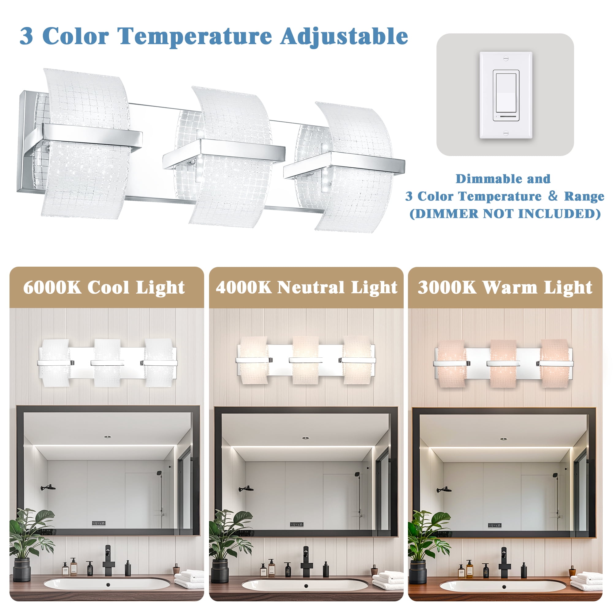 Uznhty LED Bathroom Light Fixtures over Mirror,Dimmable Vanity Lights for Bathroom Wall Light Fixtures with Thicken Ripple Glass Shade 3000K/4000K/5000K 3-Light Chrome