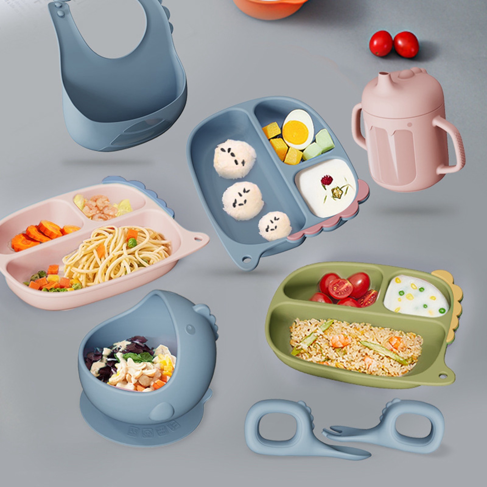 Silicone Baby Feeding Set Baby Led Weaning Supplies With Suction Cup Divider Tray Toddler Self Feeding Tableware Set High-quality