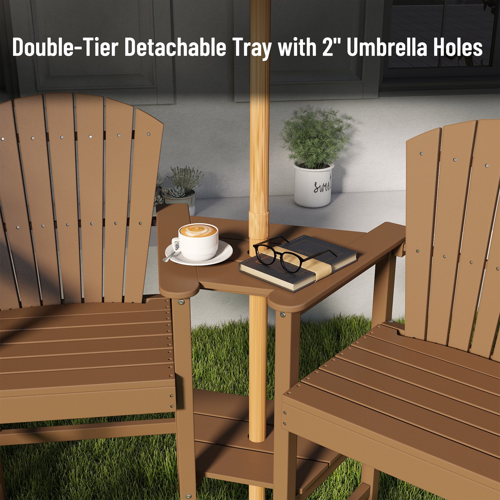 FOOWIN Tall Adirondack Chair Set of 2, HDPE All-Weather Adirondack Bar Stools with Connecting Tray,  Teak