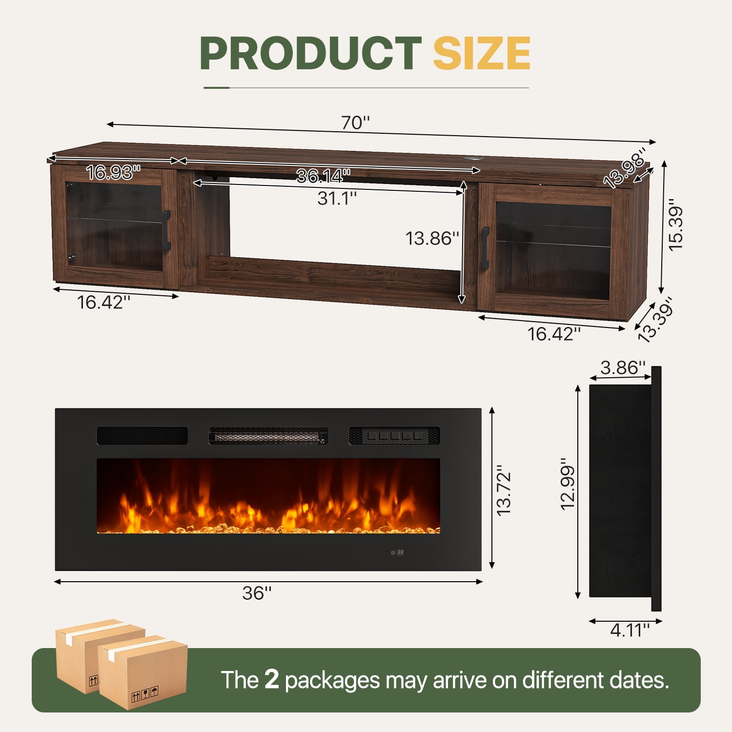 BaPiPro Floating TV Stand with fireplace for TV's up to 80", 70" Wall Mounted Floating Entertainment Center with LED Lights, Modern Fireplace TV Console for Living Room, Brown