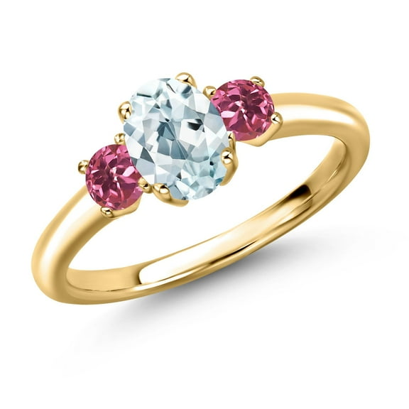 Gem Stone King 18K Yellow Gold Plated Silver Sky Blue Aquamarine and Pink Tourmaline Engagement Ring for Women | 1.05 Cttw | Oval 7X5MM | Gemstone March Birthstone | Size 9