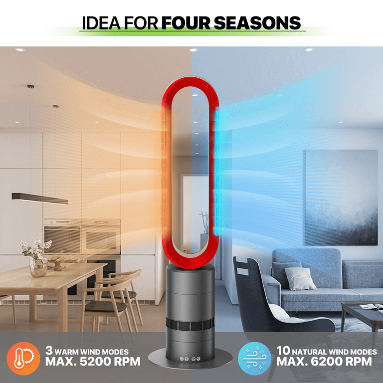 Space Heater Tower Bladeless Fan, Heater and Cooler Fan Combo with  Remote,Installation Free Quiet 80°Oscillating, 8 Speeds, 9H Timer, HEPA  Filter, 32