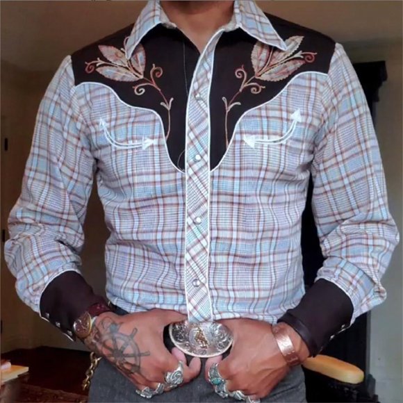 Men's Western Cowboy Shirt Long Sleeve Embroidered Slim Fit Casual Button Down Top with Pockets Stylish Comfortable Durable