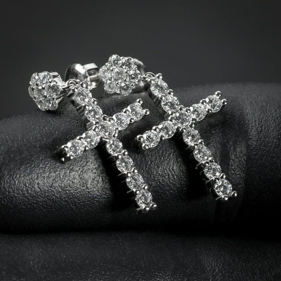 Mens Sterling Silver Cluster Iced Drop Hanging Cz Stud Dangle Cross Earrings