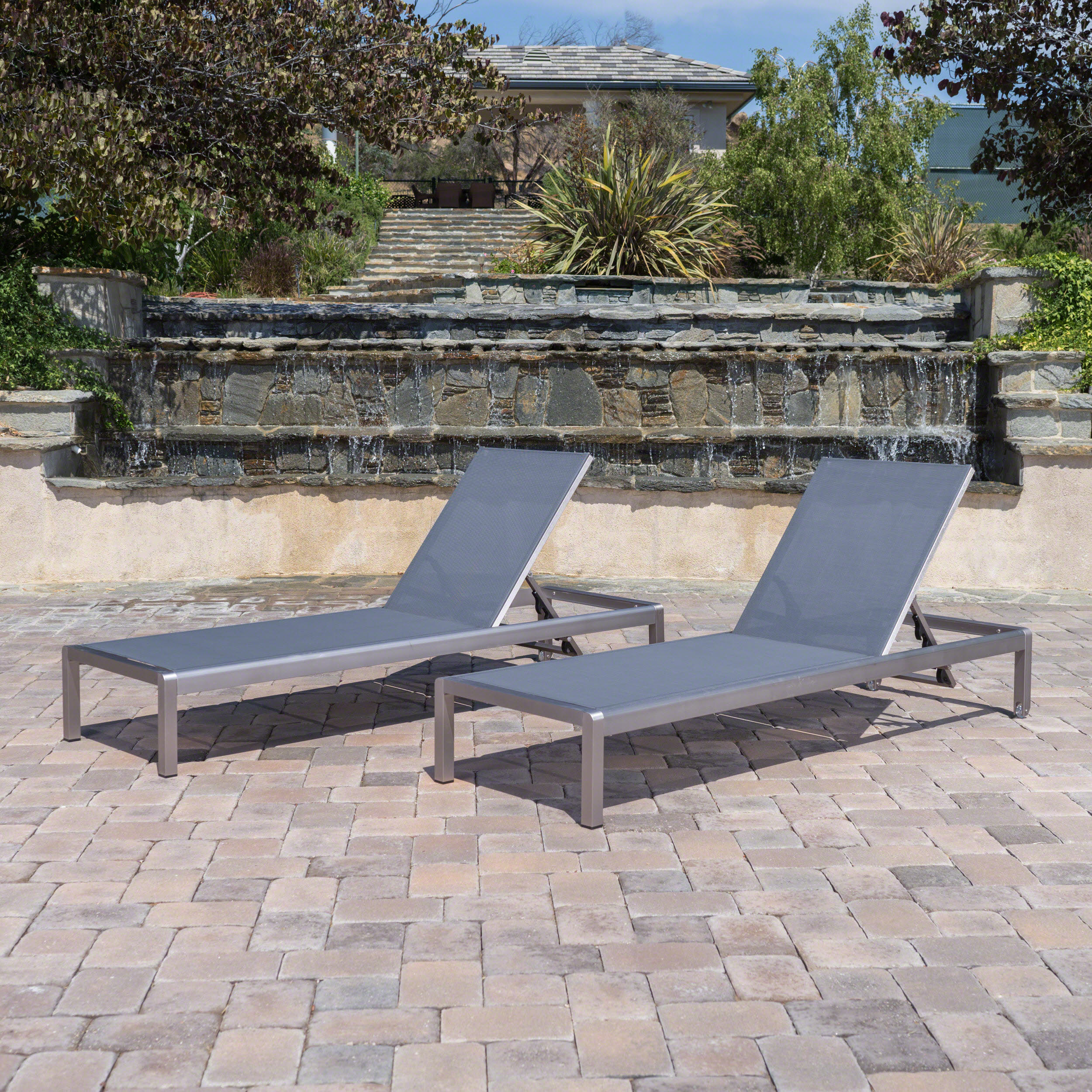 Miller Outdoor Mesh Chaise Lounge, Set of 2, Dark Grey, Silver