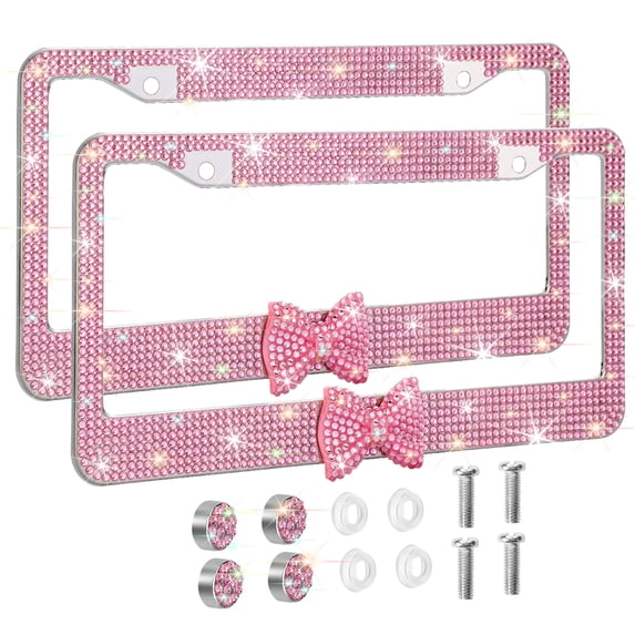 OTOSTAR 2 Pack Bling License Plate Frame with Ribbon Bow, Handcrafted Shiny Rhinestones Premium Stainless Steel 2 Holes License Plate Holder with Anti-Theft Screws Caps Set (Pink/Pink Bowtie)