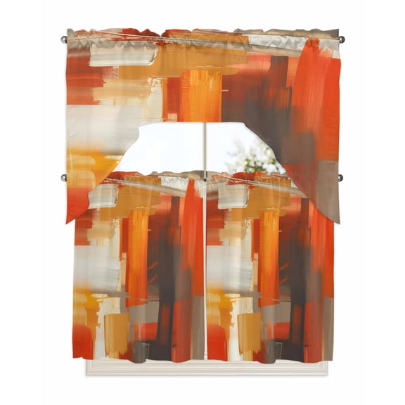 Burnt Orange Brown Kitchen Curtains Swag Valance and Tier Curtains Set 36 Inch Length, Farmhouse Ombre Abstract Mottled Art Rod Pocket Drape Panels Pair Swag Curtains for Bathroom/Cafe/Window