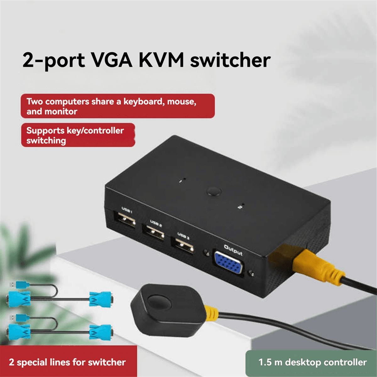 2-Port VGA KVM Switch Two-in-One-Out with Desktop Controller Shared Set of Keyboard, Mouse and Monitor,1 * VGA KVM Switch 1 * Desktop Controller 2 * VGA cable,Black