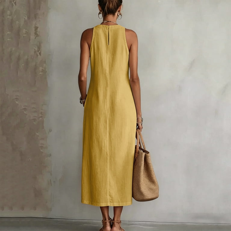 VEKDONE Vacation Dresses for Women Sleeveless Halter Neck Dress Lace Patchwork Summer Midi Dresses with Pockets Holiday Yellow XXXL