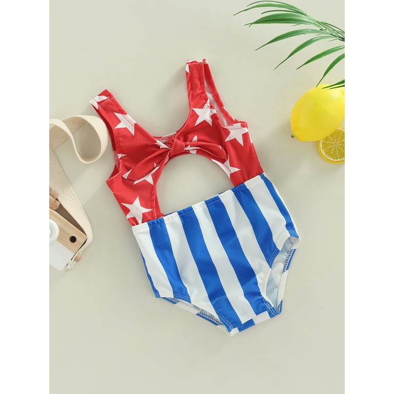 Toddler Baby Girl One Piece 4th of July Swimsuit Cutout Stars and Stripes  Swimwear Summer Beach Bathing Suit 