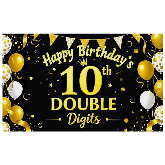 Black Gold and White Happy Birthday 10th Double Digits Banner Backdrop Decoration Party Supplies for Photography Props Birthday Party Decorations Celebration Event Decor