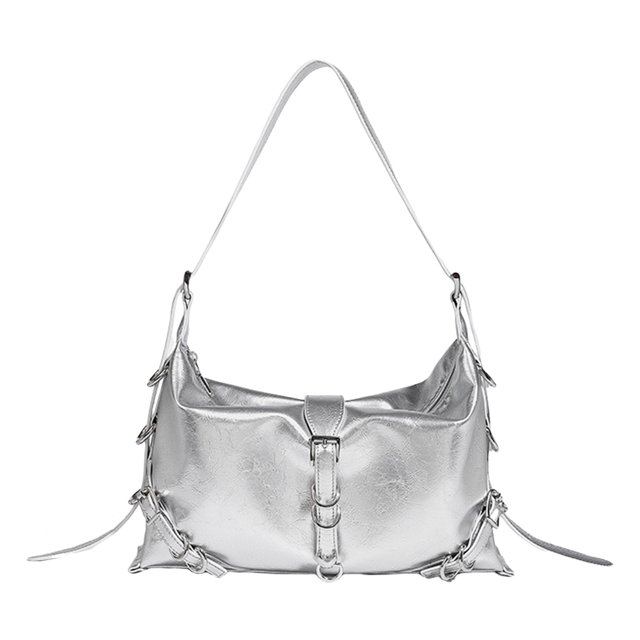 Bolso Hombro Retro para Mujer Cuero PU Y2K Bolso Calle Femenino Color Sólido (Plata)