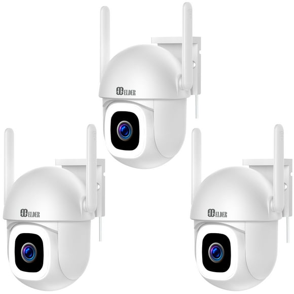 WiFi Security Camera 2K+ Outdoor x3 Pack Semi Wireless PTZ 64GB, DIY Smart Home AI Human Motion, Spotlight Deterrence & Color Night Vision, Works with Hey Google & Alexa, Elder Brand