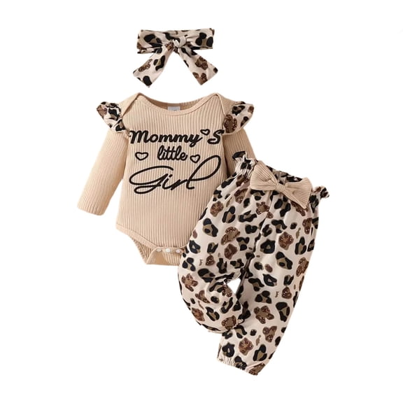 XIYON Toddler Girls Clothing Set Valentine's Day Baby Girl Outfit Heart Letter Printed Short Sleeve Bodysuit Striped Pants Leopard Bandana 9-12 Months