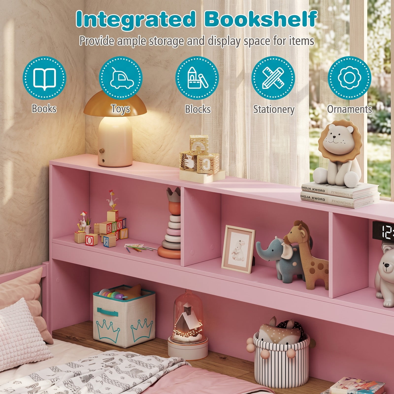 Furnibear Full Size Montessori Floor Bed Frame with Bookcase Headboard and Full Length Fence Rails, Full Bed Frame for Kids Bedroom, Pink