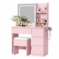 thumbnail image 1 of Vanity Desk with Mirror and LED Light, Vanity Desk with 4 Drawers, Power Outlet, Storage Stool, Storage Shelves & Hair Dryer Holder, Adjustable 3 Lighting Mode, Makeup Vanity Set for Bedroom, Pink, 1 of 9