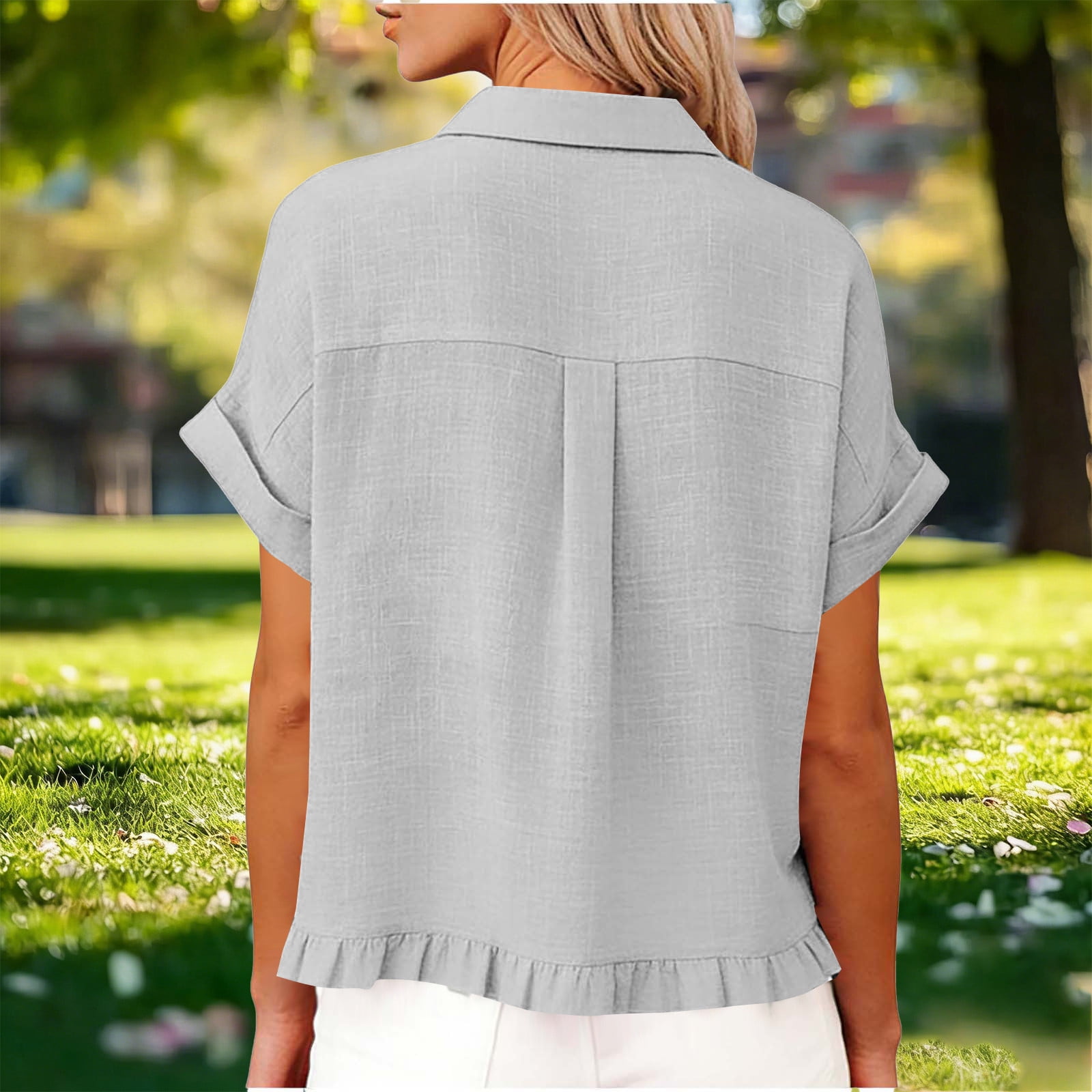 Ladies Tops and Blouses Fashion Spring Clothing Fabric Solid Color Front Pocket Hem Fringe Short Sleeve Flared Collar Top