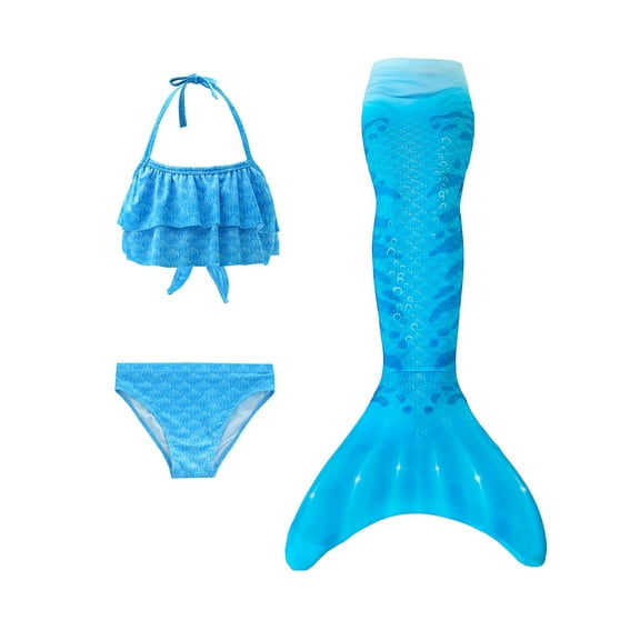 3Pcs Tails for Swimming for Girls Swimsuit Princess Bikini Tops Bathing Suits Set for Kids Gifts #02 Sky Blue & 3-4 Years