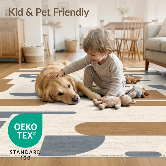 ODIKA 5'x7' Blue Beige Geometric Design Washable Area Rug Modern Abstract Pattern with Unique Shapes for Guest Room, Lounge, Apartment, Non-Slip Low Profile, Stain Resistant