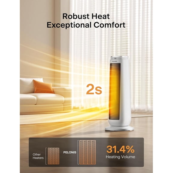 23" Oscillating Ceramic Tower Space  with Remote & Thermostat, Electric Energy Efficient Floor  for Indoor Use Large Room Safe with Timer, ECO Mode, 1500W, White
