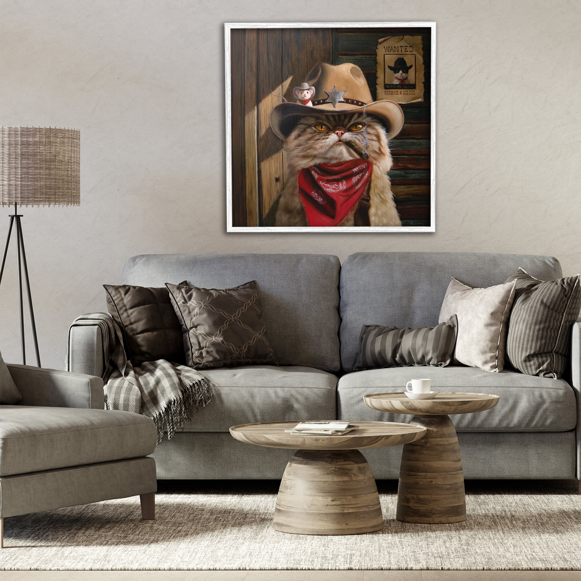Deputy Purrkins Cat Sheriff White Framed Giclee Art, design by Lucia Heffernan