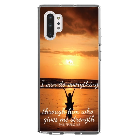 DistinctInk Clear Shockproof Hybrid Case for Galaxy Note 10 PLUS (6.8" Screen) - TPU Bumper, Acrylic Back, Tempered Glass Screen Protector - Philippians 4:13 - Through Him who gives strength