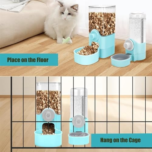 Automatic Hanging Gravity Pet Feeder and Water Dispenser Set ，Automatic Rabbit Feeder and Dog Water Dispenser for Dogs Cats Pets Animals Large Capacity (Blue Water Feeder&Food Feeder) (Blue)