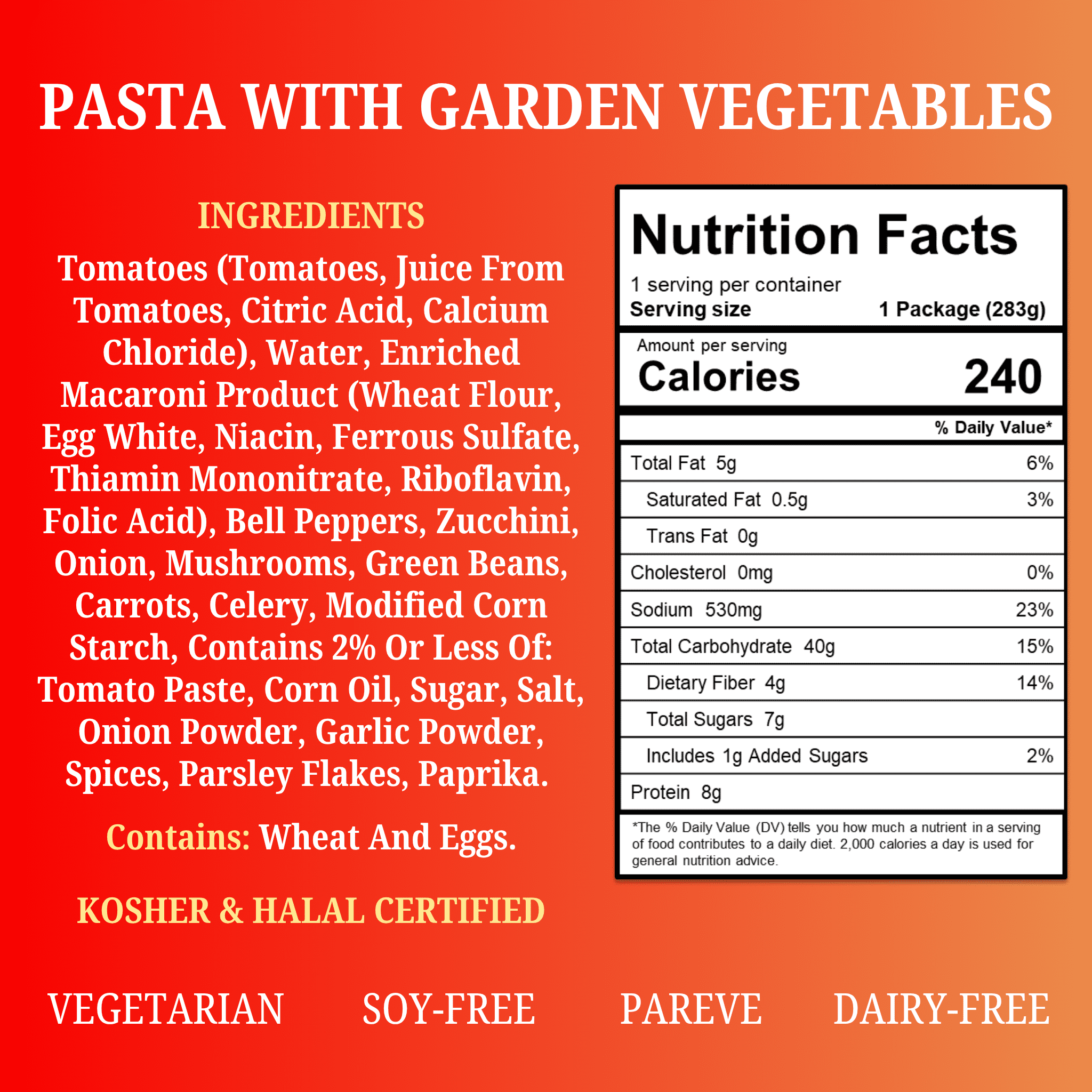 My Own Meals Pasta with garden Vegetables, kosher, Shelf Stable, 10 OZ Pack of 6
