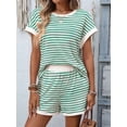 thumbnail image 5 of Women'S Summer 2 Piece Sets Striped Short Sleeve T Shirts and Shorts Loungewear Matching Set Green M, 5 of 9