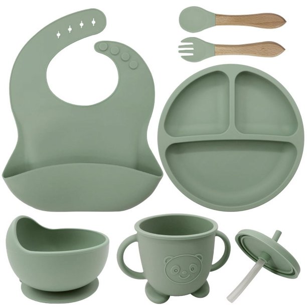 Babero de silicona para madres e hijos Plato de silicona para la cena Juego de ocho piezas Plato de succión para entrenamiento complementario de alimentos para bebés Juego de vajilla separada para