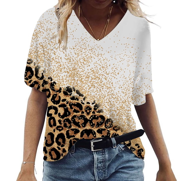 ICHUANYI Clearance Women Fashion Summer Sexy Fold Printed Regular Women Short Sleeves V Neck Button Top(White, XXL) ICHUANYI WER2023081113656