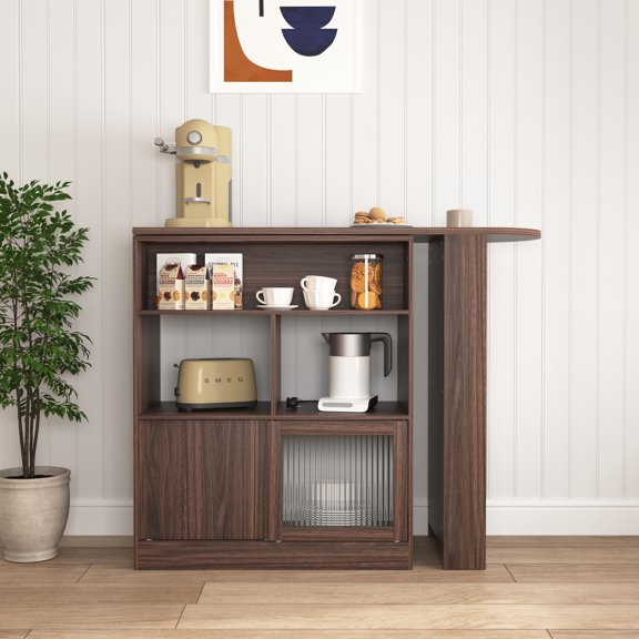Walnut Bar Cabinet With 6 Storage Areas And A Rotating Jar Holder Counter Height Dining 2 Ribbed Glass Doors Shelves, Modern Style In