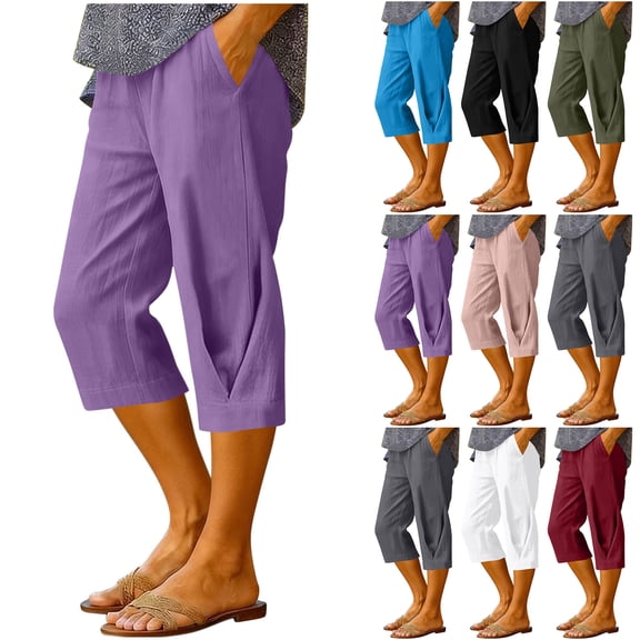Bloomae Womens Capri Pants Lightweight Casual Stretch Elastic Waist Knee Length Cotton Linen Capris Summer Loose Straight Leg Beach Bermuda Shorts with Pockets Black XXL