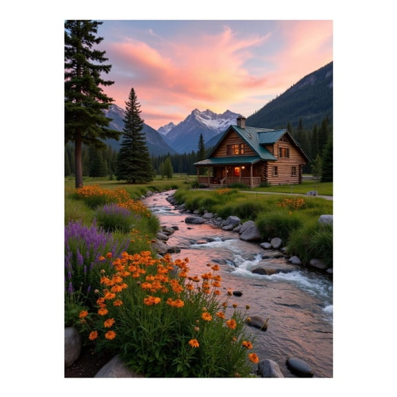Diamond Art Kit for Adults, Mountain Cabin Sunset Stream Flowers Diamond Painting for Adults Beginners, DIY Diamond Art Painting Kits, 5D Diamond Painting Crafts for Home Decor 12x16 Frameless