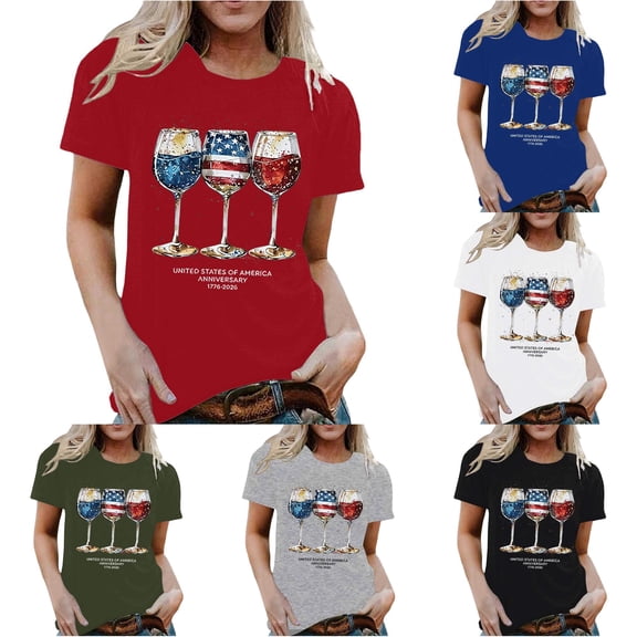 HCYSFG Women's 4th of July Top Crewneck Short Sleeve Glass Graphic Fashion 250th Anniversary USA T Shirts Patriotic Summer Activewear Tee