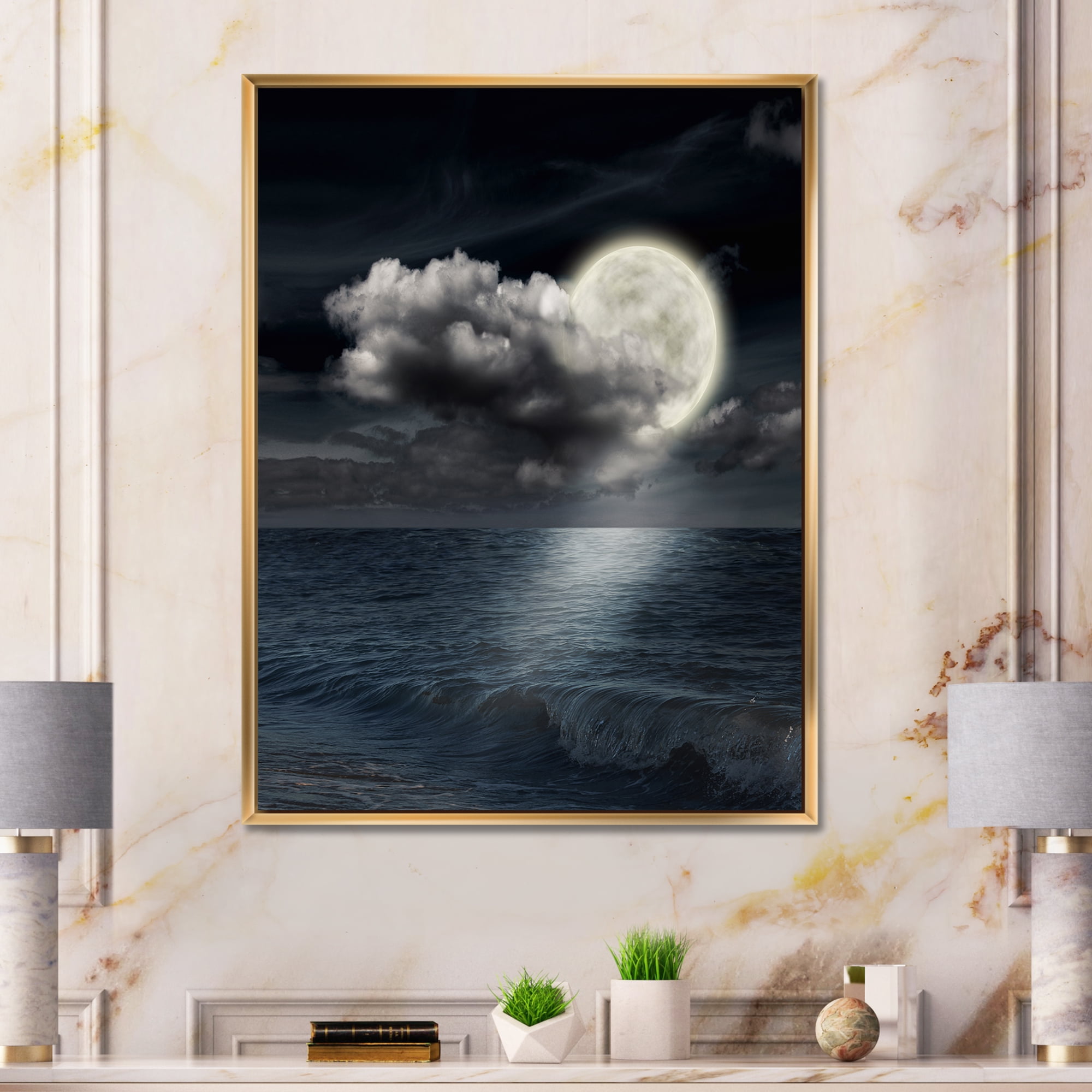 Designart 'Full Moon Night in Cloudy Sky VI' Nautical & Coastal Framed Canvas Wall Art Print